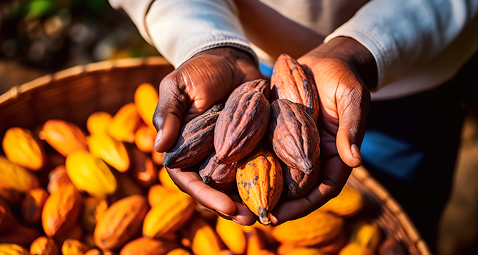 a person holding eight fermented cocoa pods above a basket of freshly harvested cocoa pods