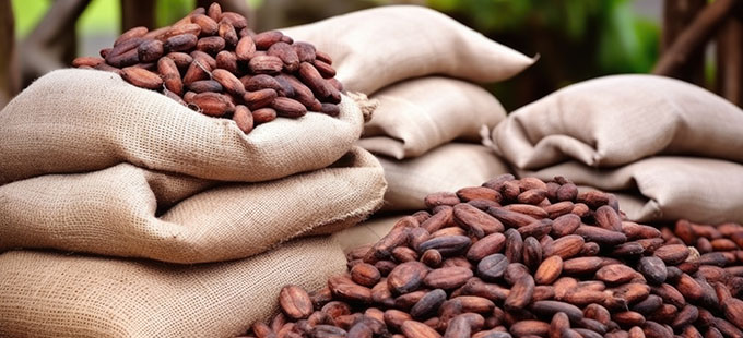 a number of burlap sacks with cocoa beans on top of them 