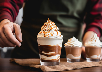 a barista putting the finishing touches on hot chocolates topped with cream and caramel sauce