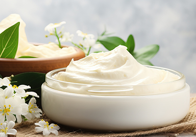 a tub of cocoa butter next to flowers and leaves on a hessian fabric tarp